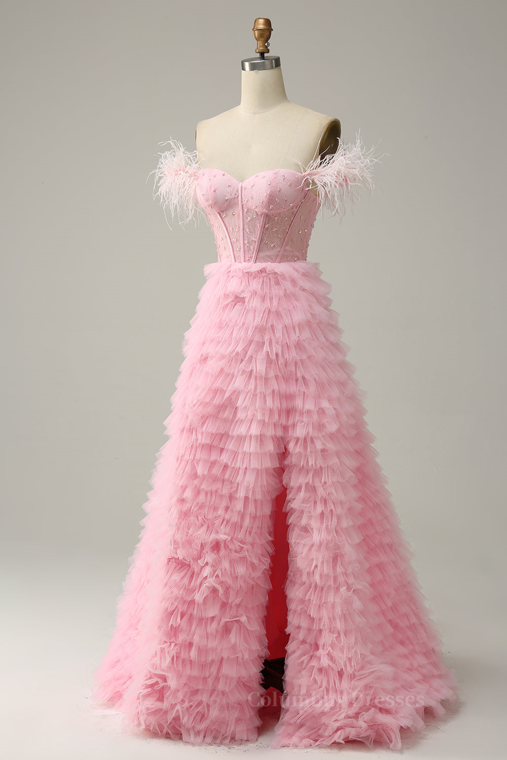 Pink Off-the-Shoulder Feathers Beaded A-line Ruffles Long Prom Dress with Slit Secondary image