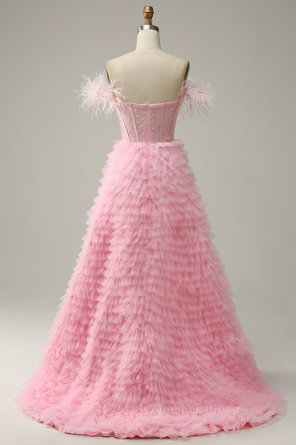 Wedding Inspo, Pink Off-the-Shoulder Feathers Beaded A-line Ruffles Long Prom Dress with Slit Main image