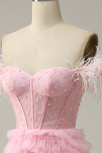 Beach Wedding Dress, Pink Off-the-Shoulder Feathers Beaded A-line Ruffles Long Prom Dress with Slit