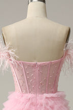 Champagne Bridesmaid Dress, Pink Off-the-Shoulder Feathers Beaded A-line Ruffles Long Prom Dress with Slit