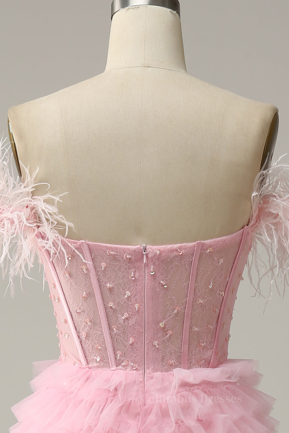 Champagne Bridesmaid Dress, Pink Off-the-Shoulder Feathers Beaded A-line Ruffles Long Prom Dress with Slit