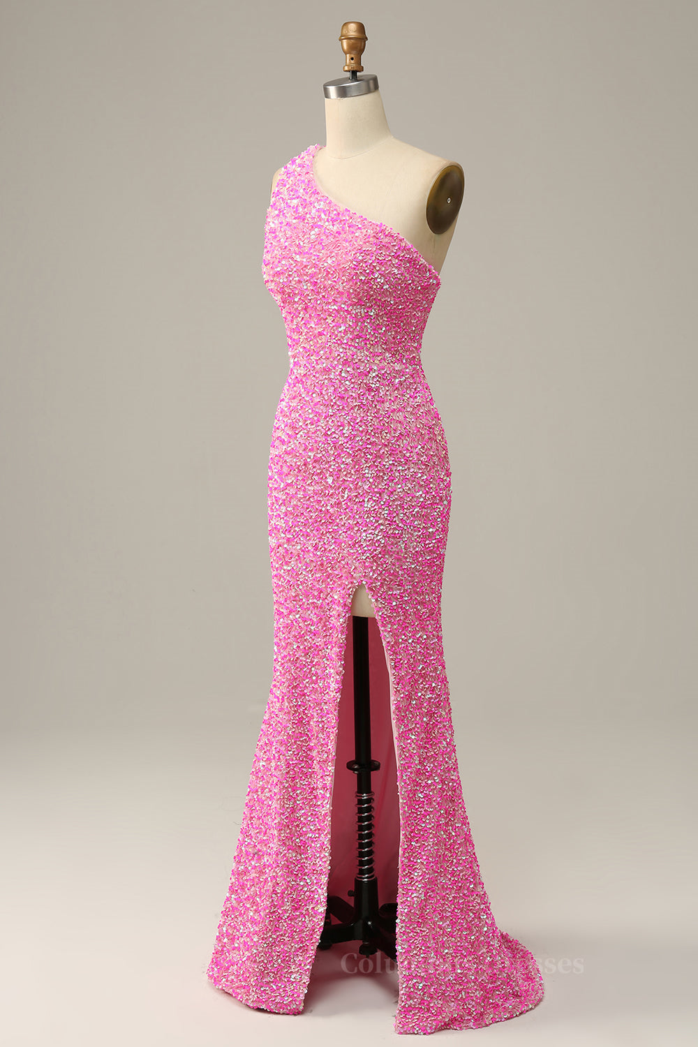 Pink One Shoulder Straps Mermaid Sequins Long Prom Dress with Slit Secondary image