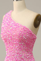 Bridesmaid Dress Fall Colors, Pink One Shoulder Straps Mermaid Sequins Long Prom Dress with Slit