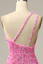 Bridesmaid Dresses Orange, Pink One Shoulder Straps Mermaid Sequins Long Prom Dress with Slit