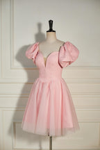 Flower Girl, Pink Plunging V Neck Dot Lace-Up A-line Homecoming Dress