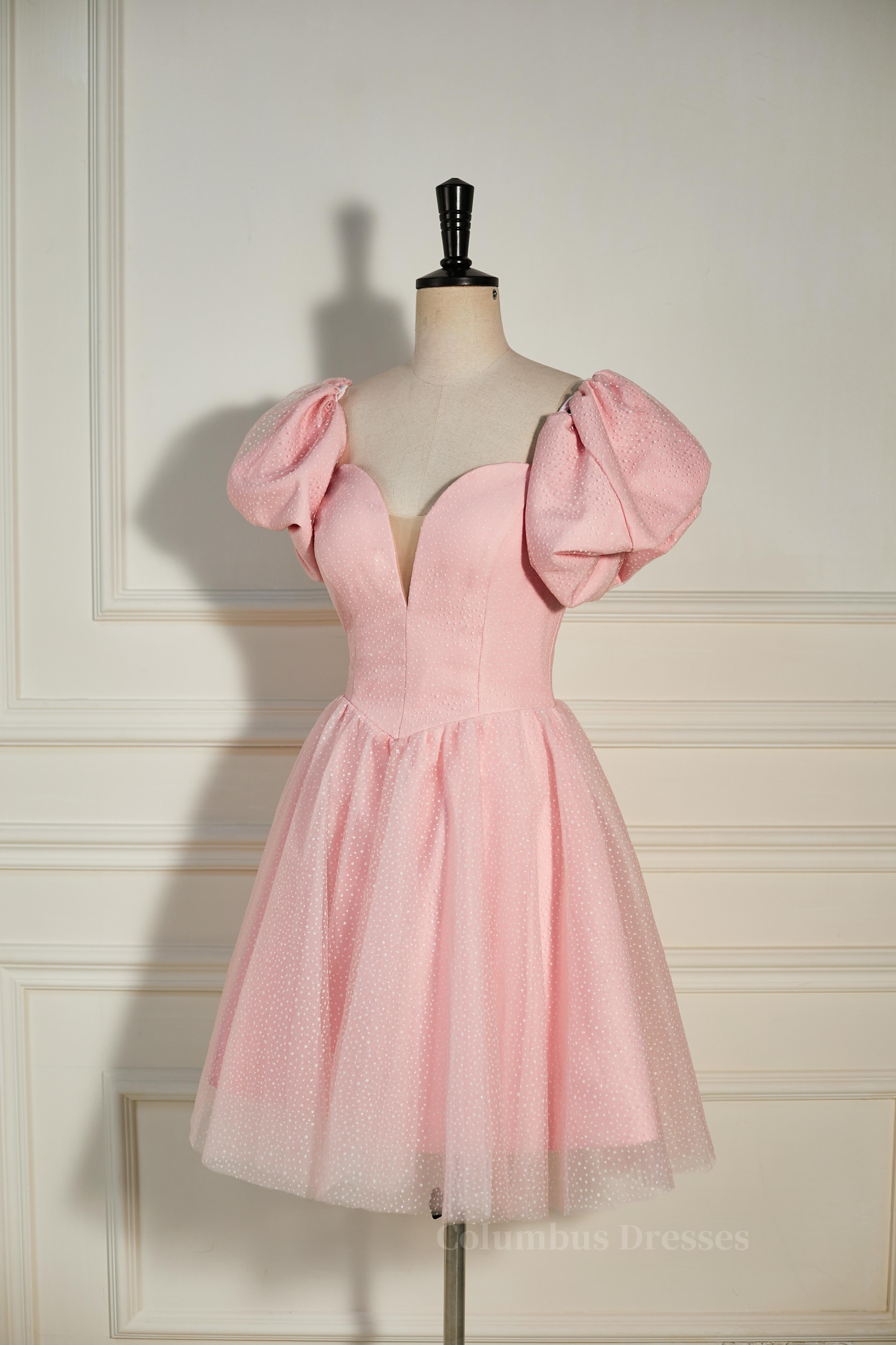 Flower Girl, Pink Plunging V Neck Dot Lace-Up A-line Homecoming Dress