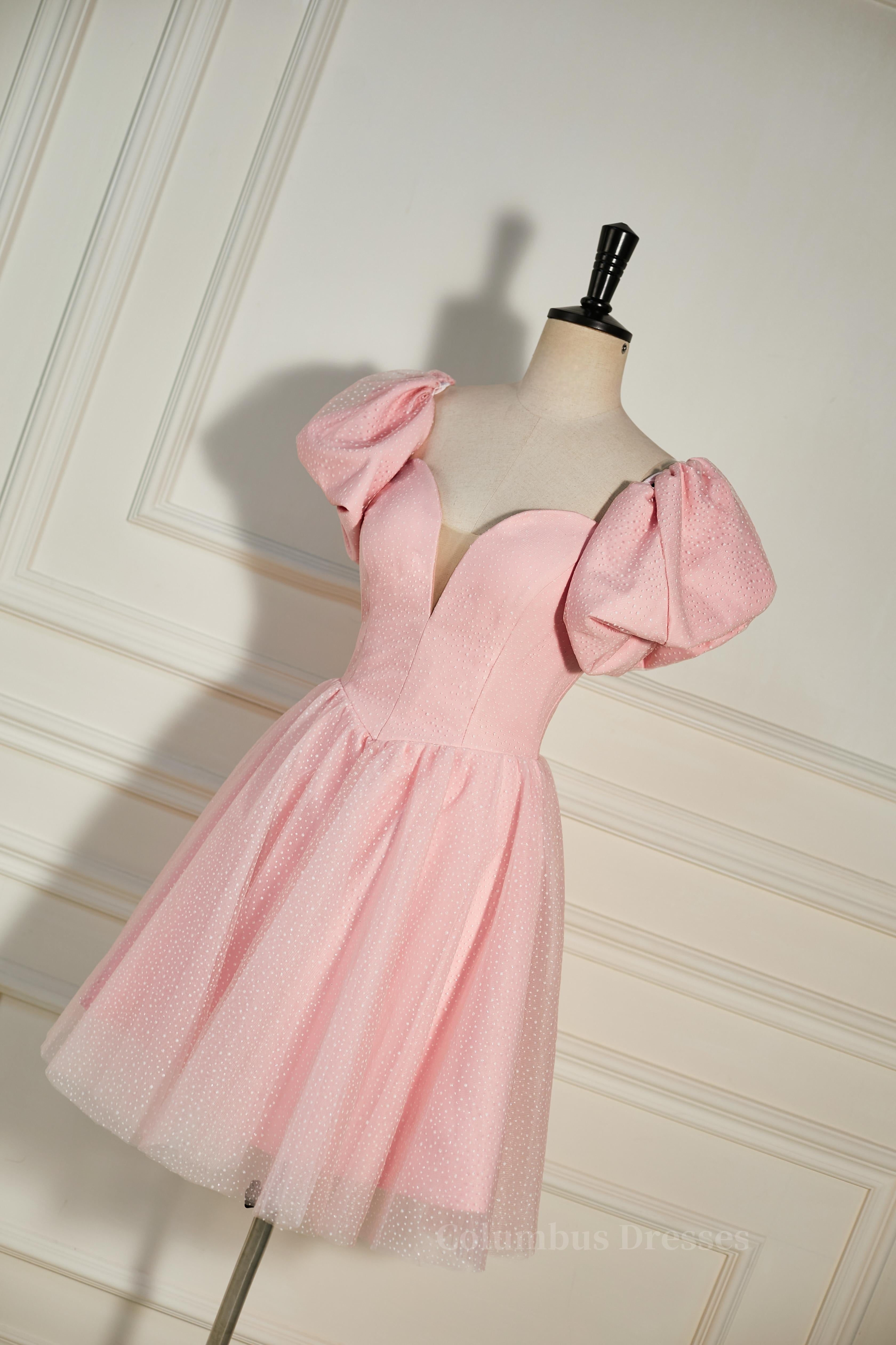 Bachelorette Party Outfit, Pink Plunging V Neck Dot Lace-Up A-line Homecoming Dress Main image