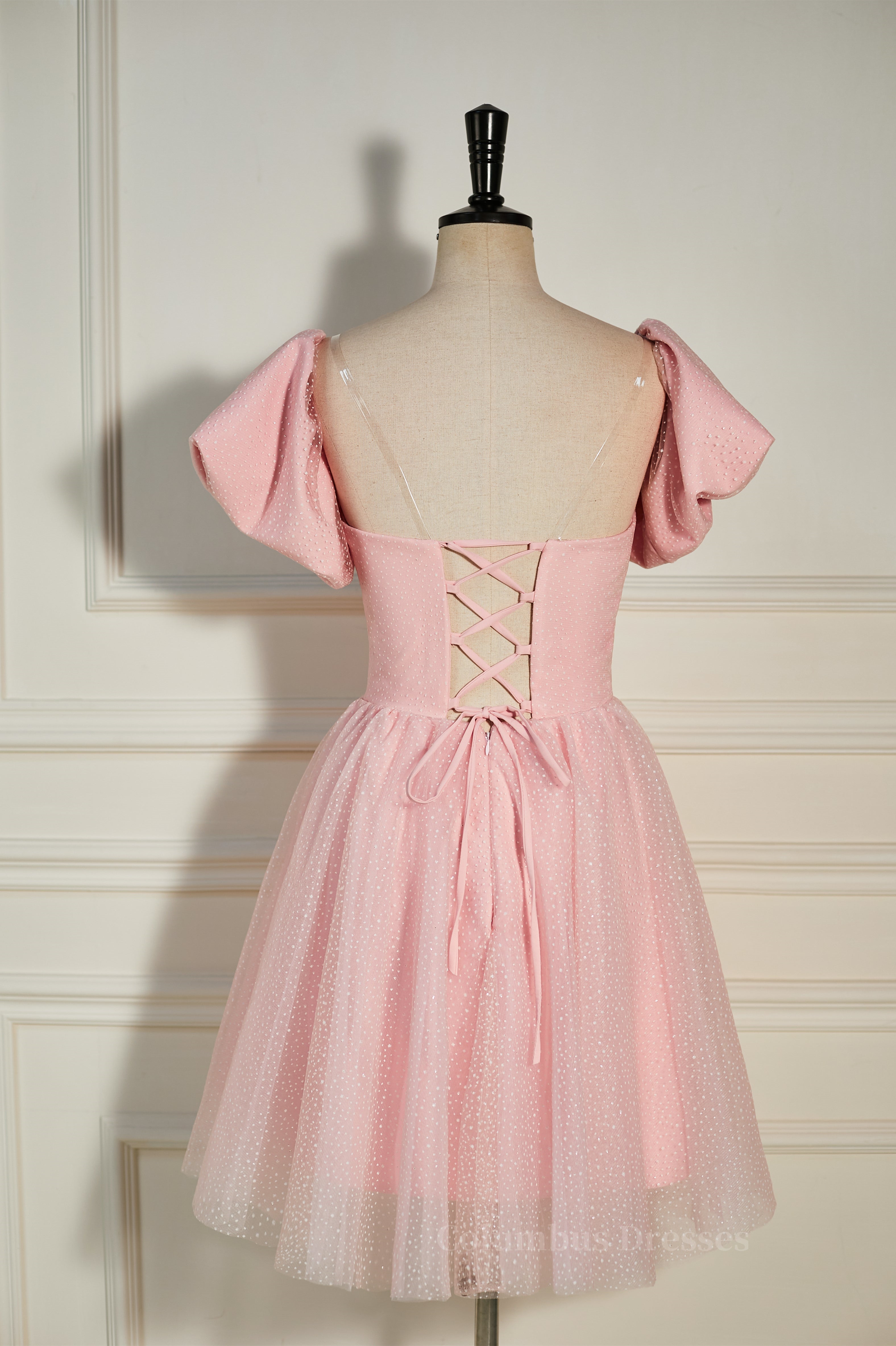 Gala Dress, Pink Plunging V Neck Dot Lace-Up A-line Homecoming Dress