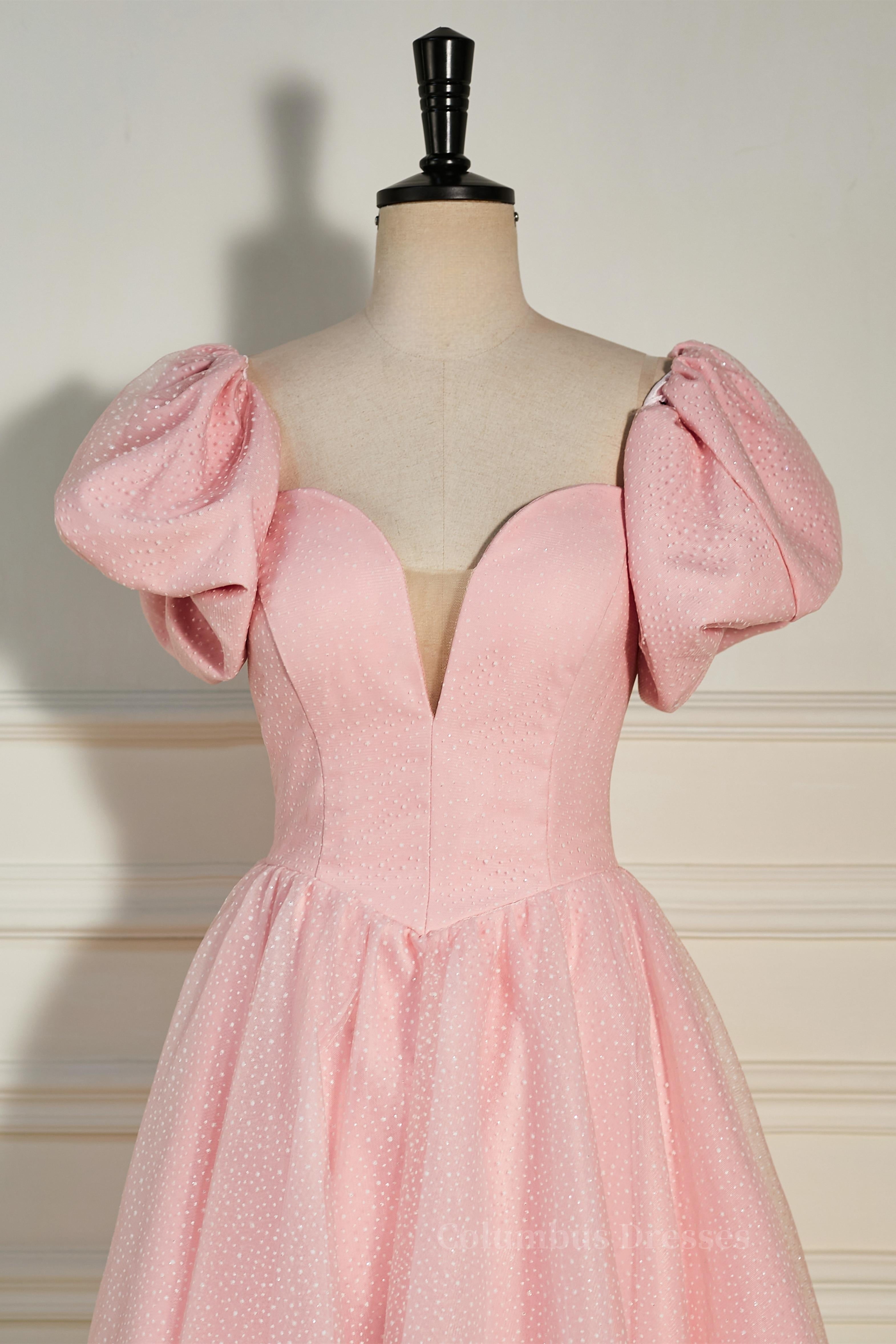 Rustic Wedding Dress, Pink Plunging V Neck Dot Lace-Up A-line Homecoming Dress