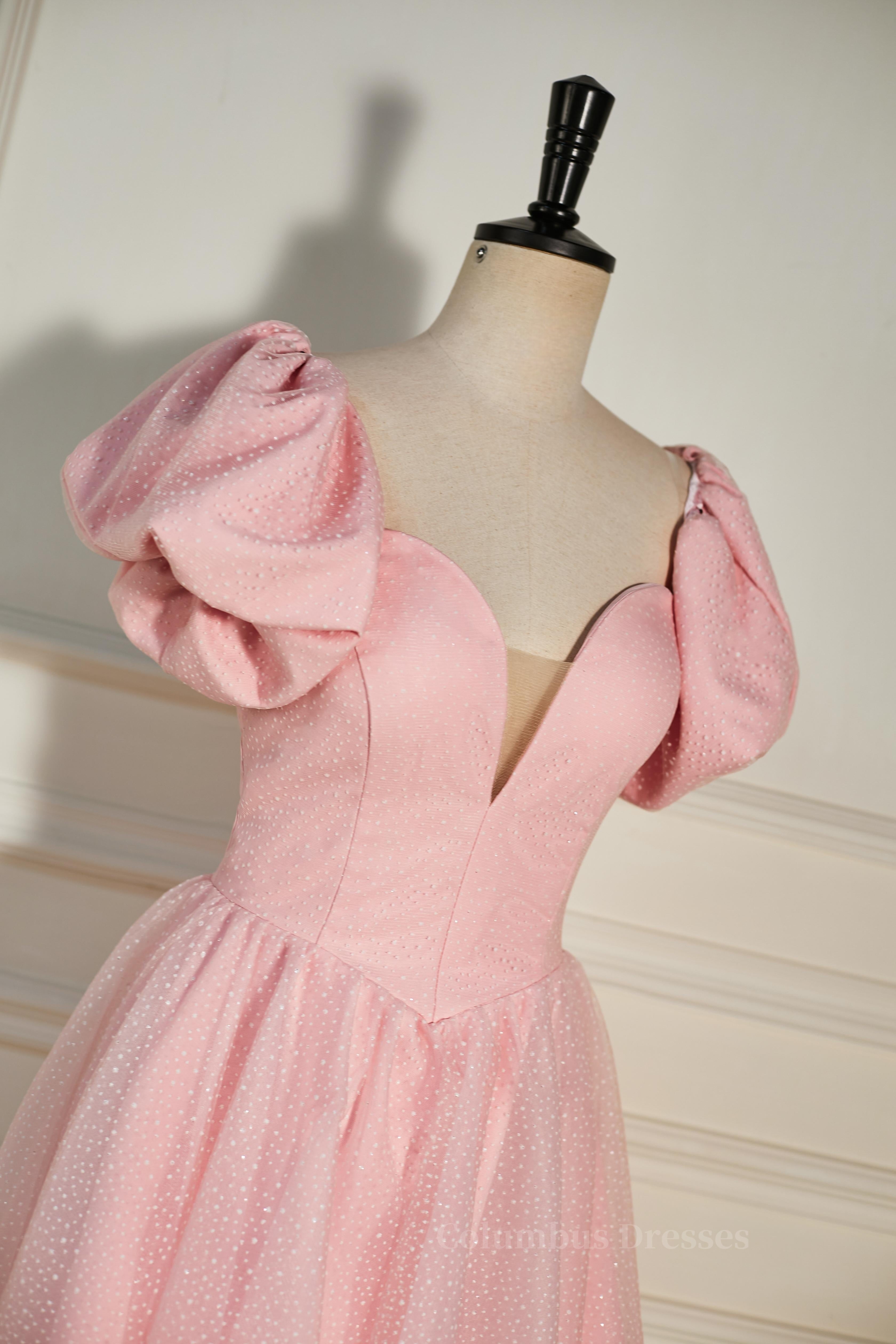 Summer Wedding Color, Pink Plunging V Neck Dot Lace-Up A-line Homecoming Dress