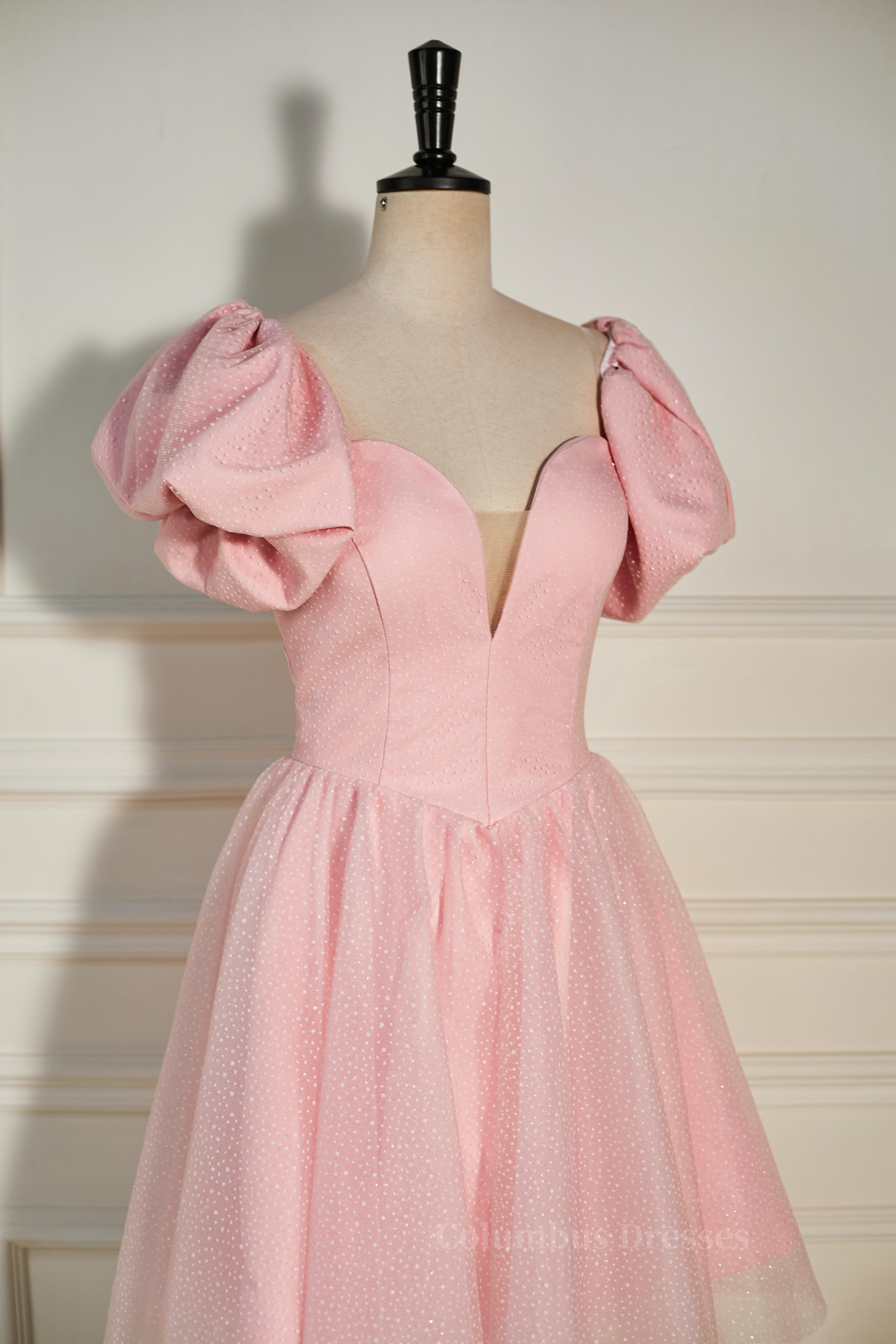 Black Tie Wedding, Pink Plunging V Neck Dot Lace-Up A-line Homecoming Dress