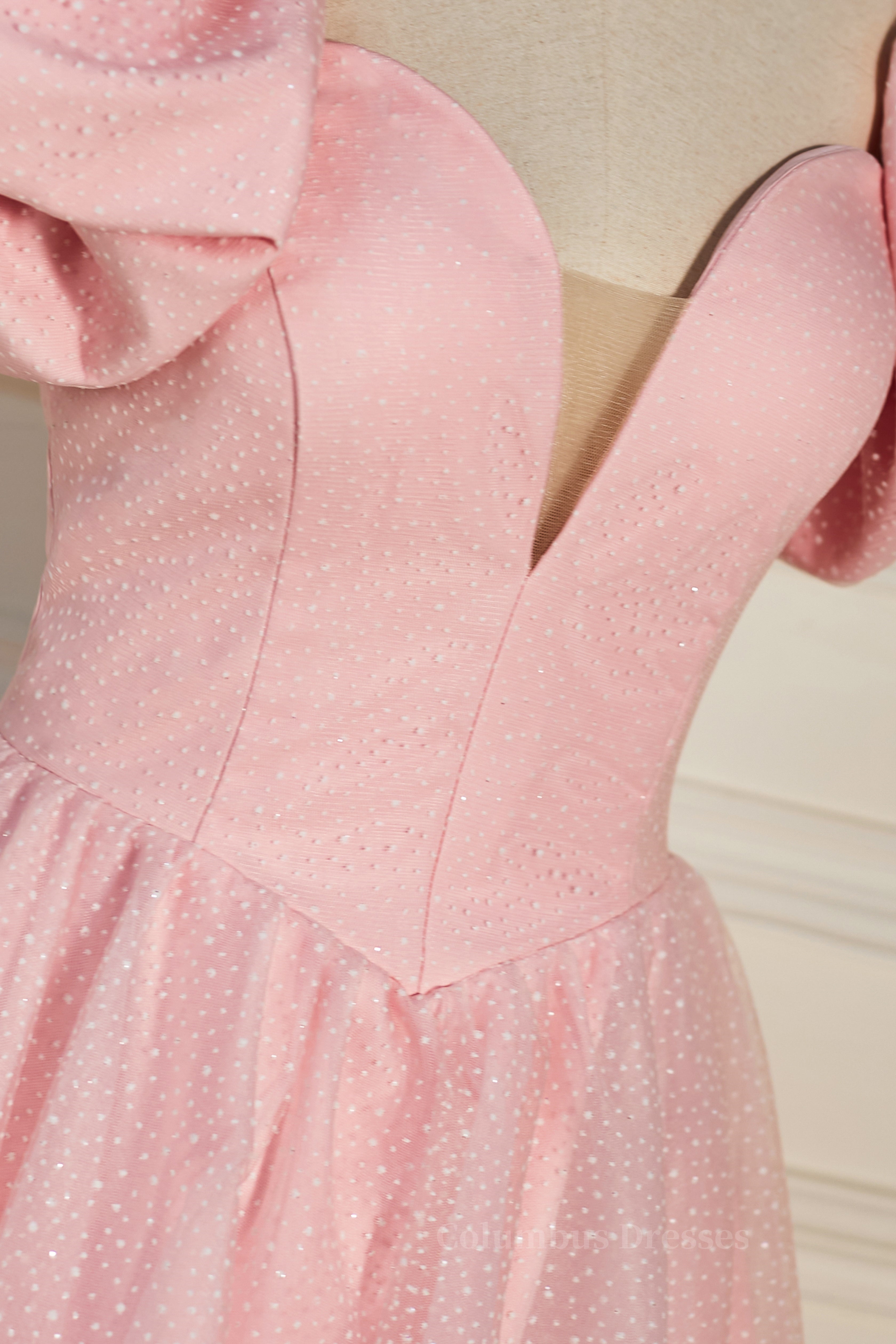 Long Sleeve Dress, Pink Plunging V Neck Dot Lace-Up A-line Homecoming Dress