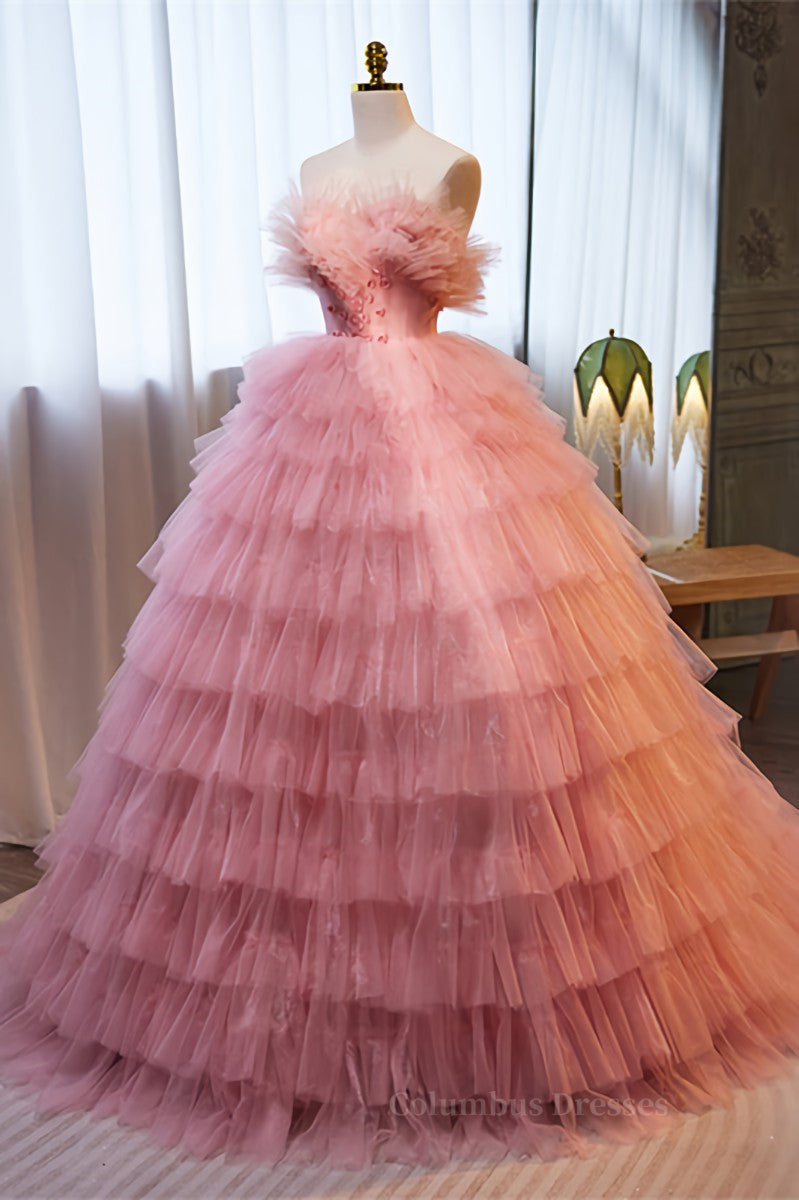 Pink Ruffled Strapless A-line Multi-Layers Long Prom Dress Secondary image