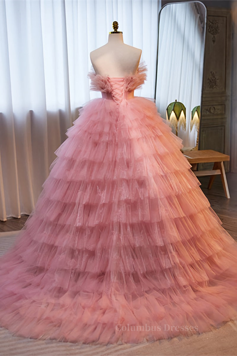 Party Dresses Long, Pink Ruffled Strapless A-line Multi-Layers Long Prom Dress Main image