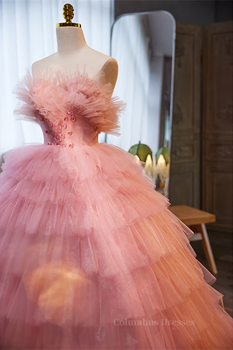 Party Dress Long Dress, Pink Ruffled Strapless A-line Multi-Layers Long Prom Dress