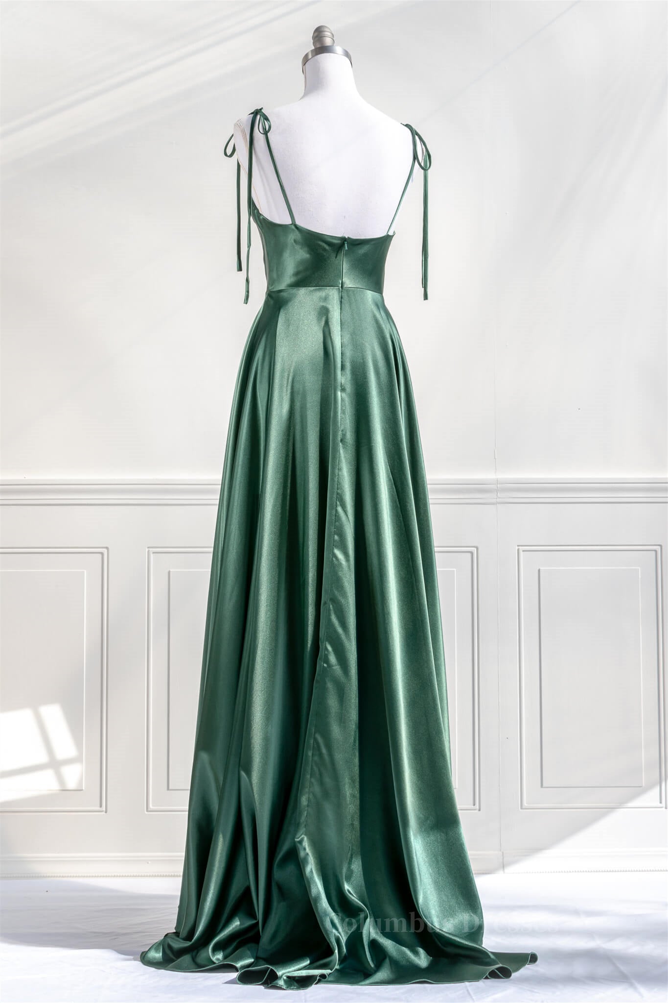 Bridesmaid Dress Affordable, Pink Satin Bow Tie Straps A-line Cowl Neck Long Prom Dress