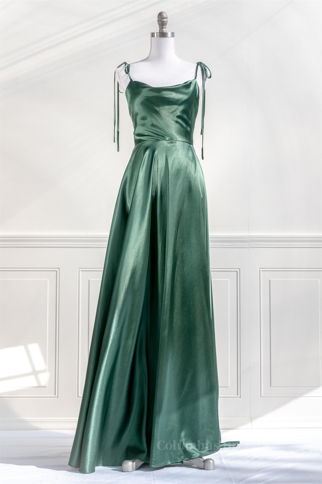 Bridesmaids Dresses Cheap, Pink Satin Bow Tie Straps A-line Cowl Neck Long Prom Dress