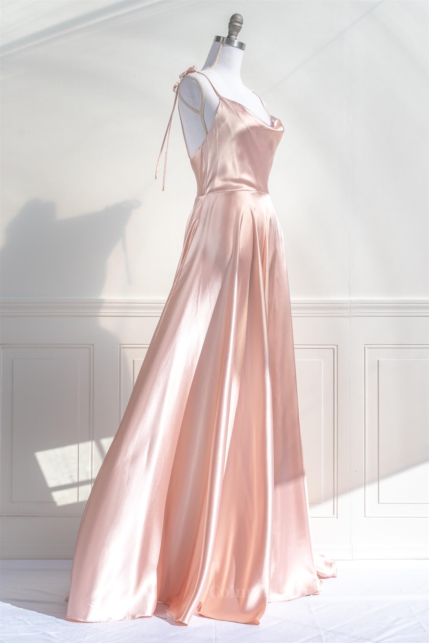 Pink Satin Bow Tie Straps A-line Cowl Neck Long Prom Dress Secondary image