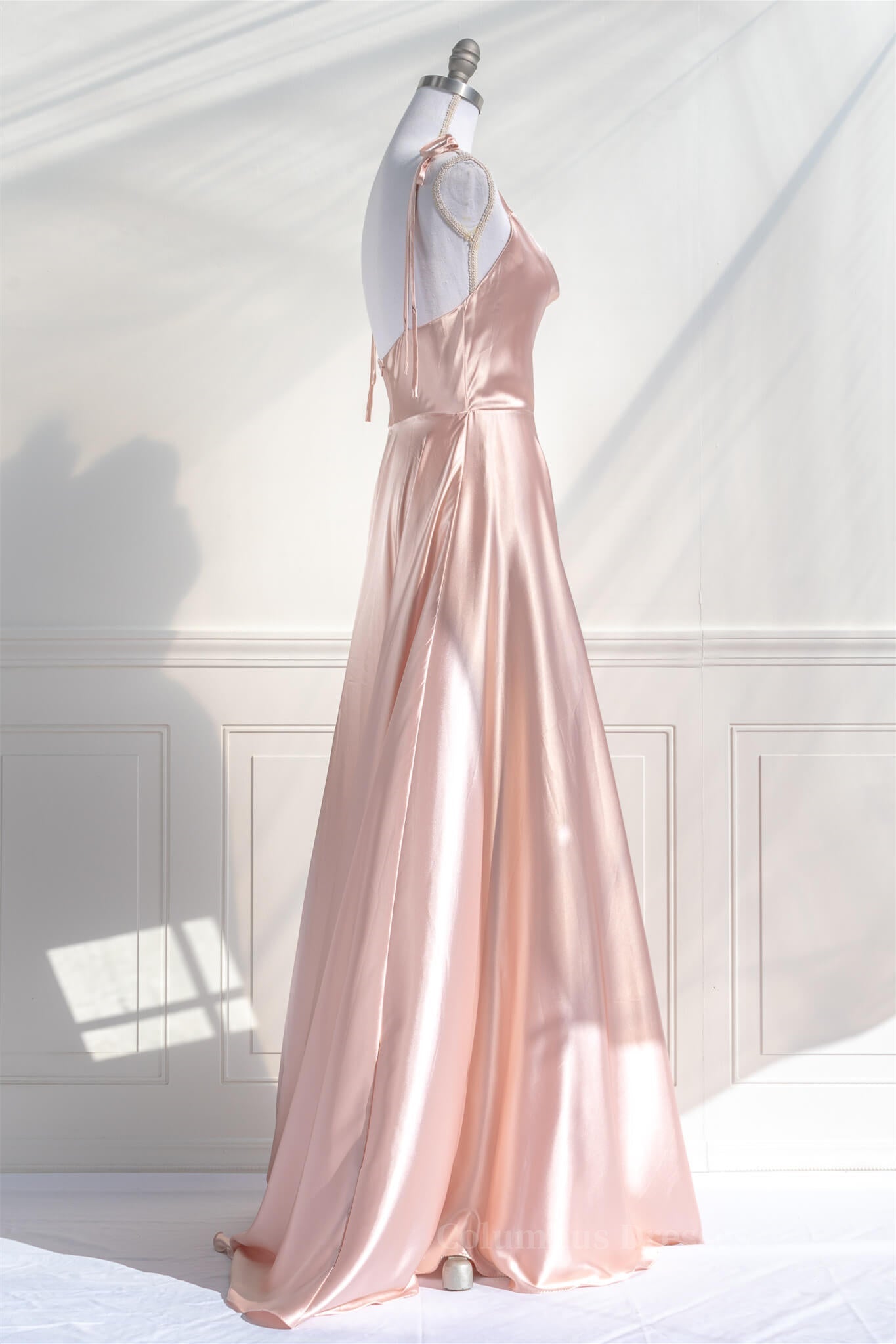 Bridesmaid Dress Websites, Pink Satin Bow Tie Straps A-line Cowl Neck Long Prom Dress Main image
