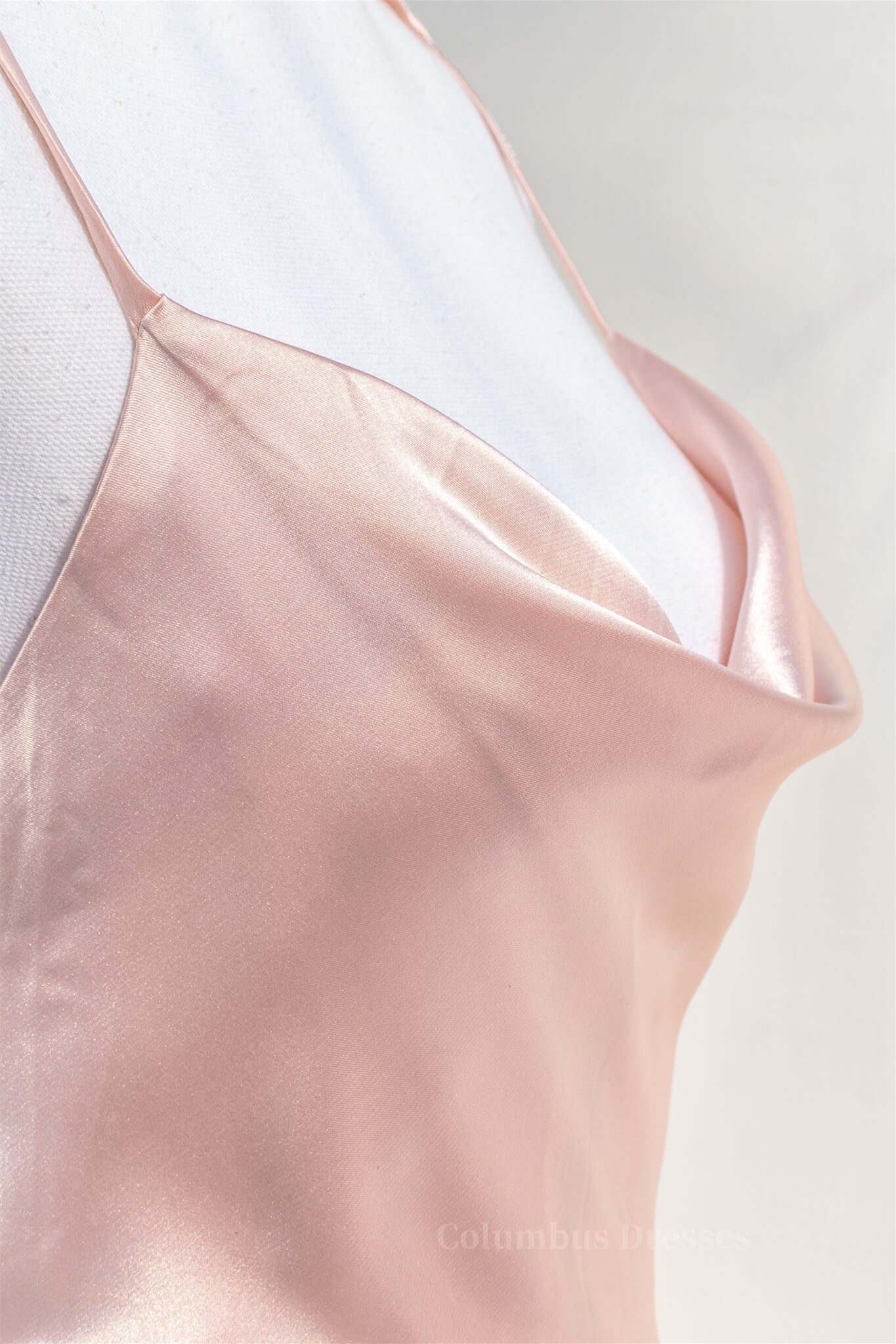 Bridesmaid Dress Website, Pink Satin Bow Tie Straps A-line Cowl Neck Long Prom Dress