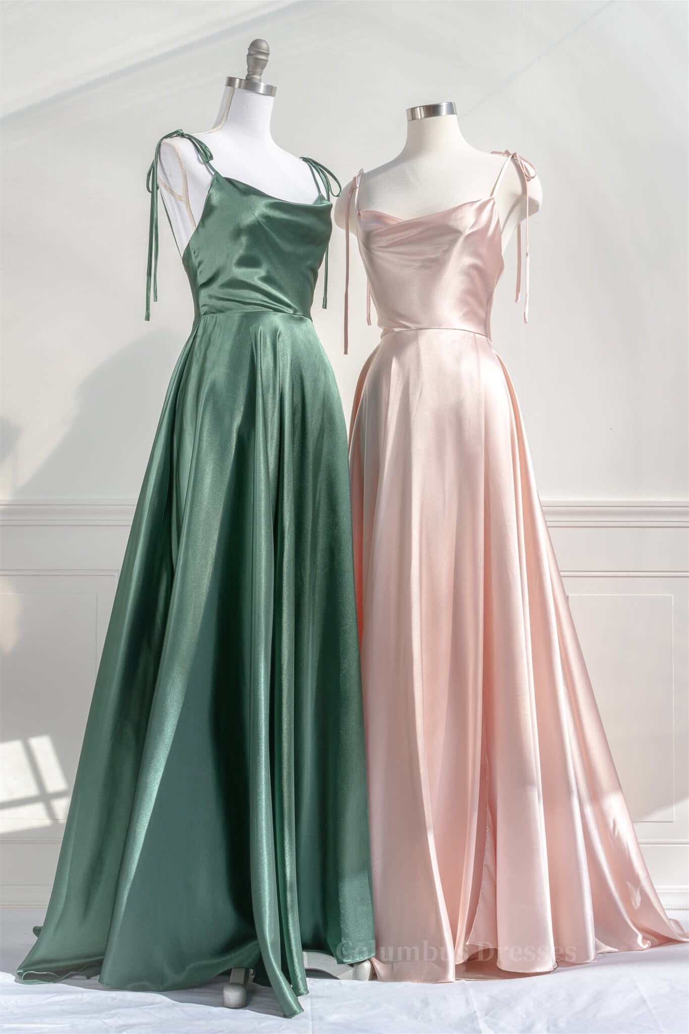 Bridesmaid Dresses In Store, Pink Satin Bow Tie Straps A-line Cowl Neck Long Prom Dress