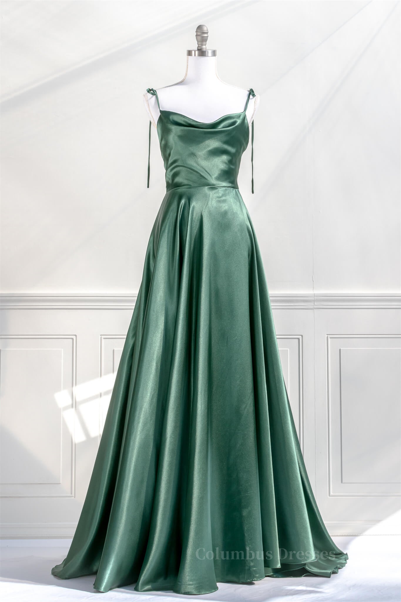 Bridesmaid Dresses Custom, Pink Satin Bow Tie Straps A-line Cowl Neck Long Prom Dress