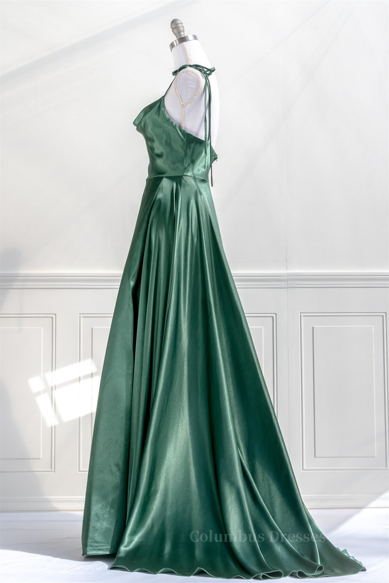 Bridesmaids Dresses Affordable, Pink Satin Bow Tie Straps A-line Cowl Neck Long Prom Dress