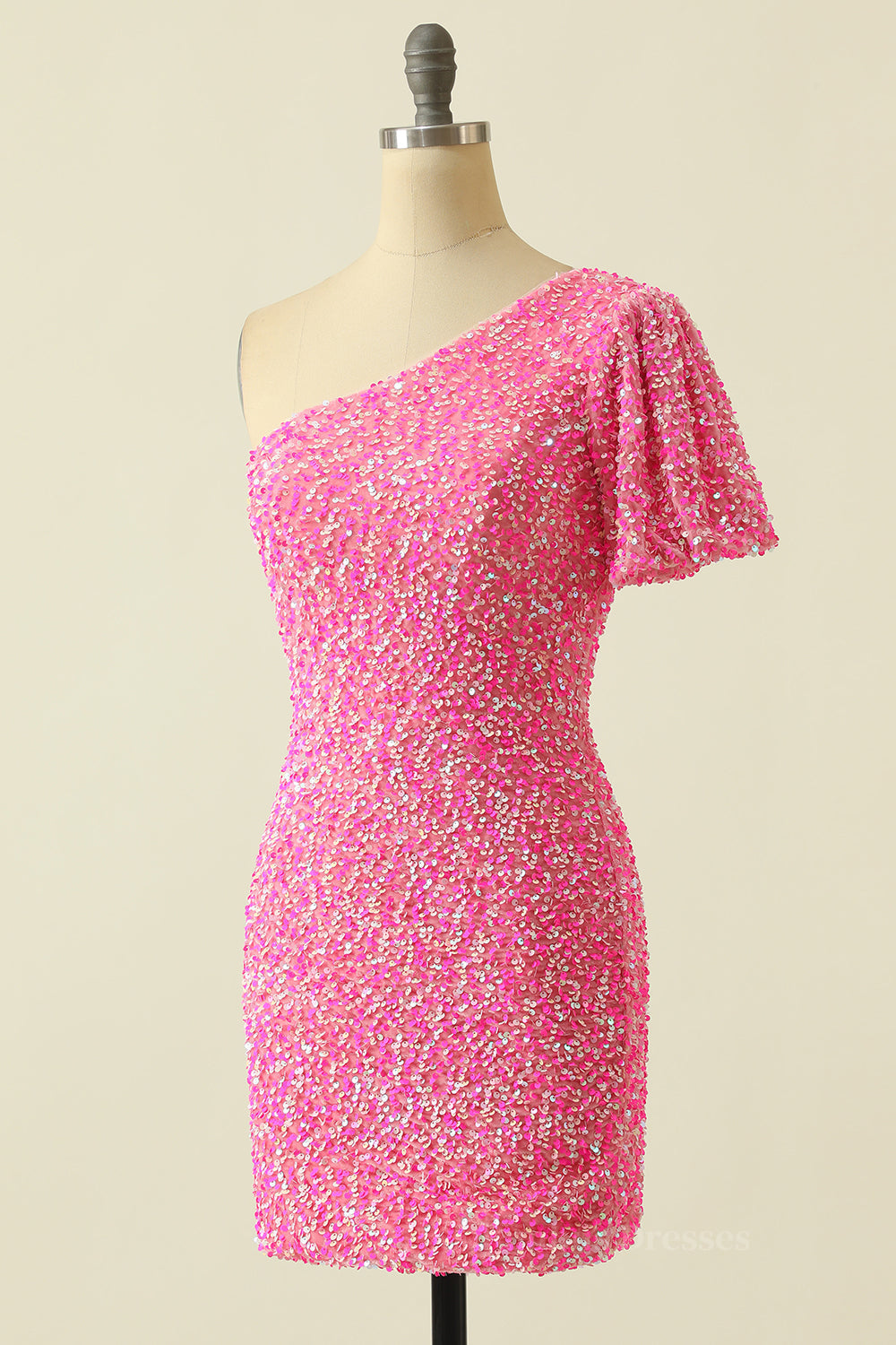 Pink Sequin Tight One Shoulder Short Sleeve Mini Dress Secondary image