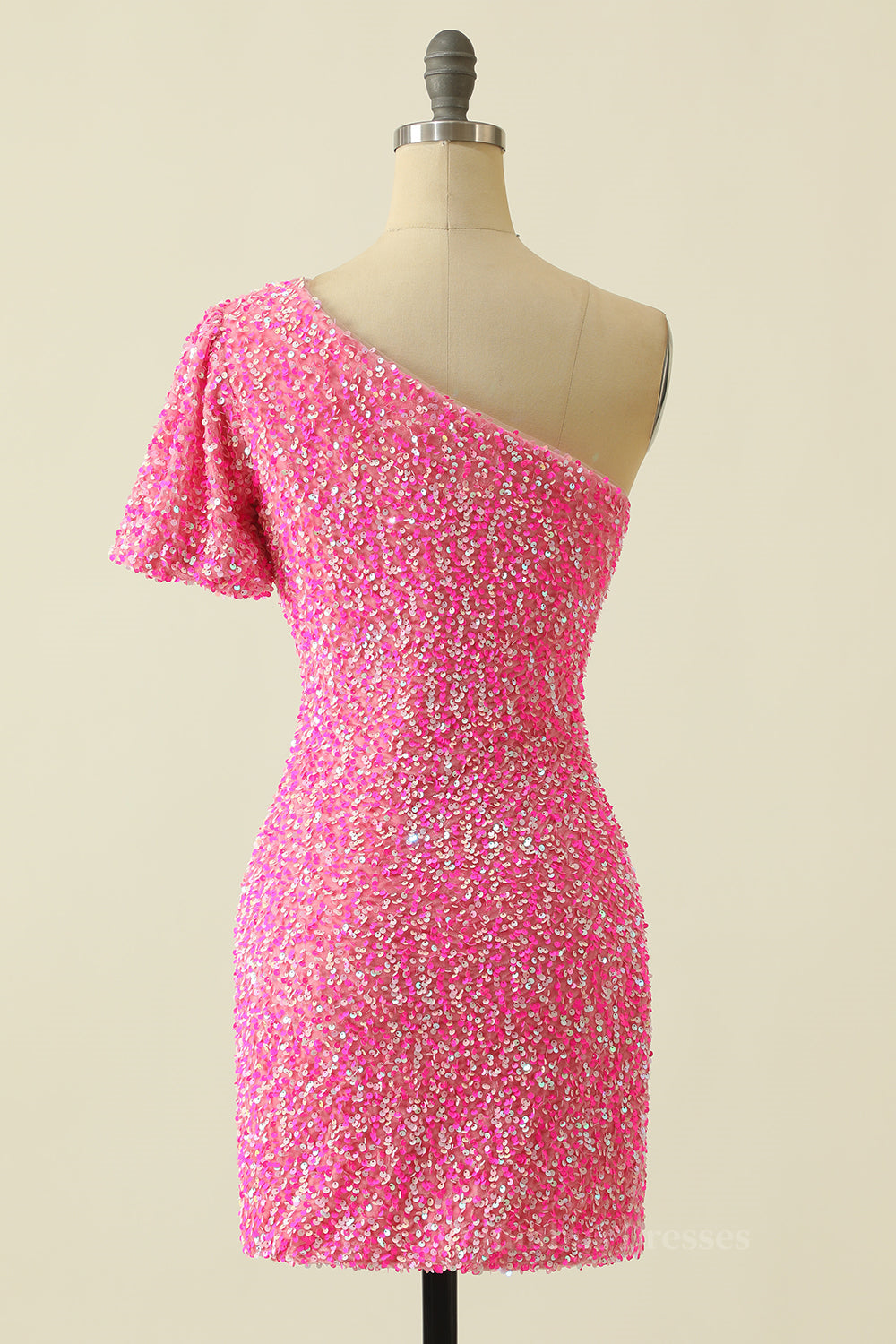 Prom Dresses Tulle, Pink Sequin Tight One Shoulder Short Sleeve Mini Dress Main image