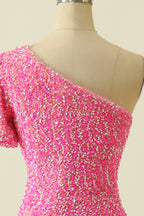 Prom Dresses Blues, Pink Sequin Tight One Shoulder Short Sleeve Mini Dress
