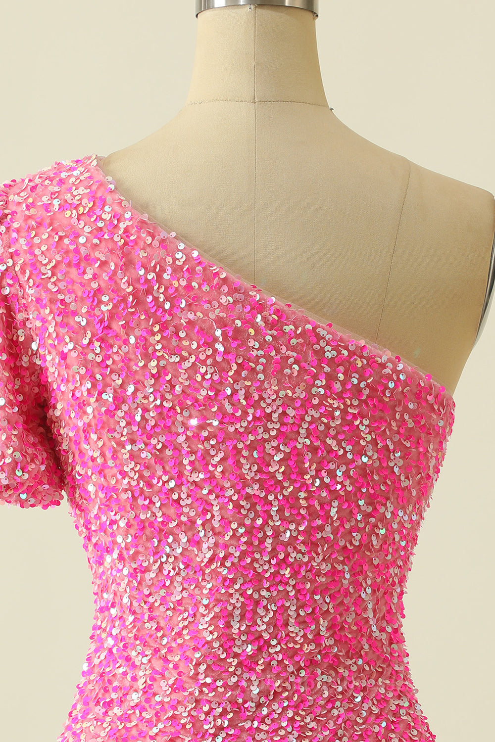 Prom Dresses Blues, Pink Sequin Tight One Shoulder Short Sleeve Mini Dress