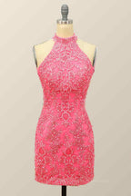 Bow Dress, Pink Sheath Halter Sequin-Embroidered Cut-Out Mini Homecoming Dress