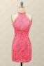 Bow Dress, Pink Sheath Halter Sequin-Embroidered Cut-Out Mini Homecoming Dress