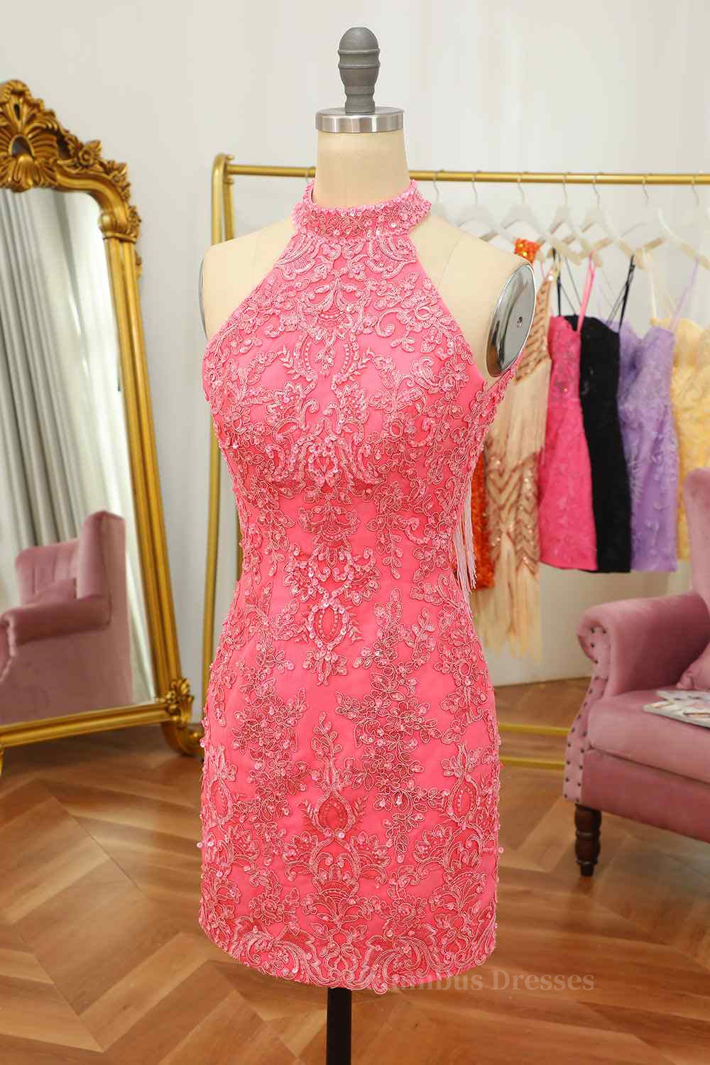 Long Black Dress, Pink Sheath Halter Sequin-Embroidered Cut-Out Mini Homecoming Dress Main image
