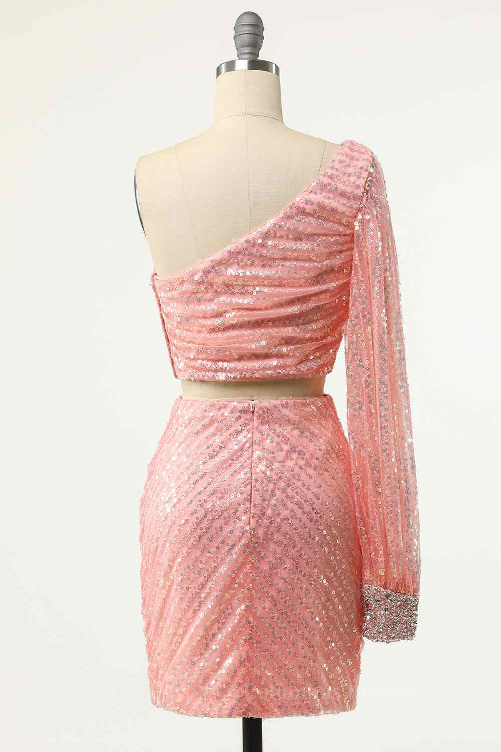 Pink Sheath One Shoulder Long Sleeve Two-Piece Mini Homecoming Dress Secondary image