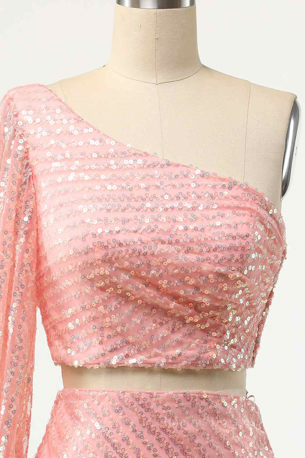 Party Dress Fashion, Pink Sheath One Shoulder Long Sleeve Two-Piece Mini Homecoming Dress Main image