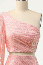 Party Dress Fashion, Pink Sheath One Shoulder Long Sleeve Two-Piece Mini Homecoming Dress