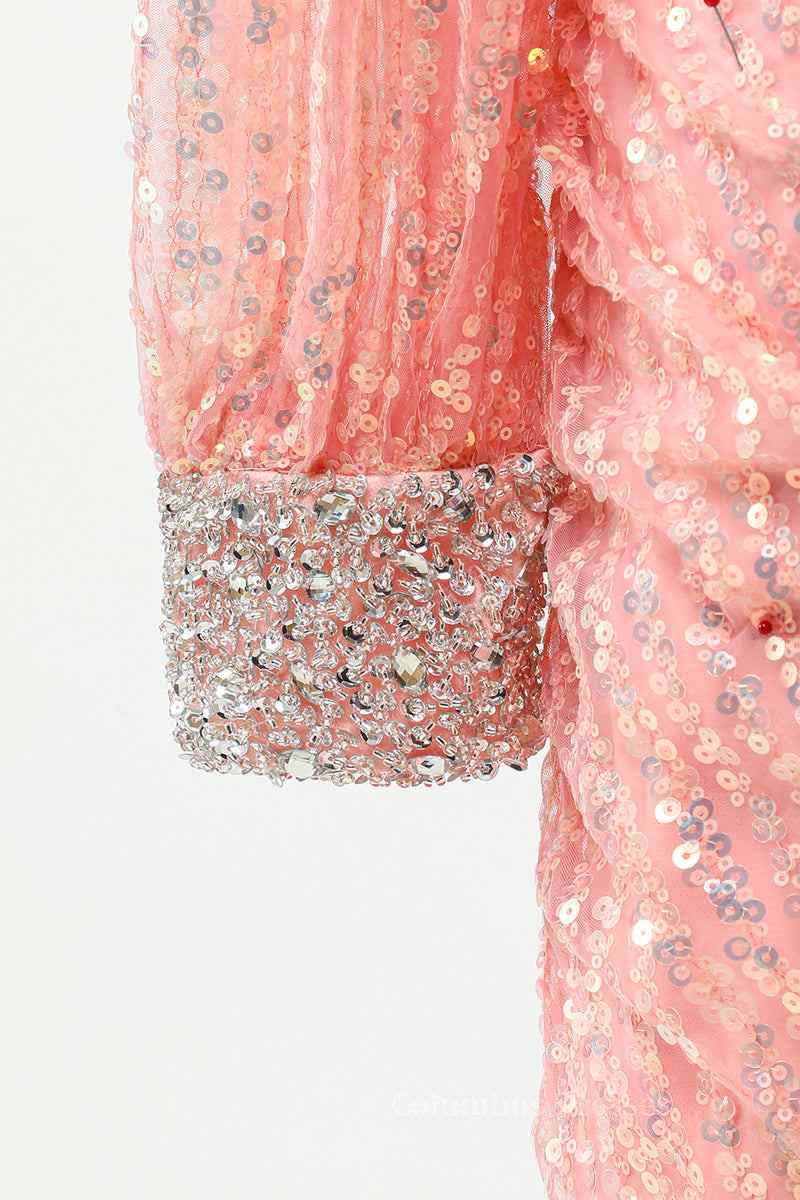 Party Dress Night, Pink Sheath One Shoulder Long Sleeve Two-Piece Mini Homecoming Dress
