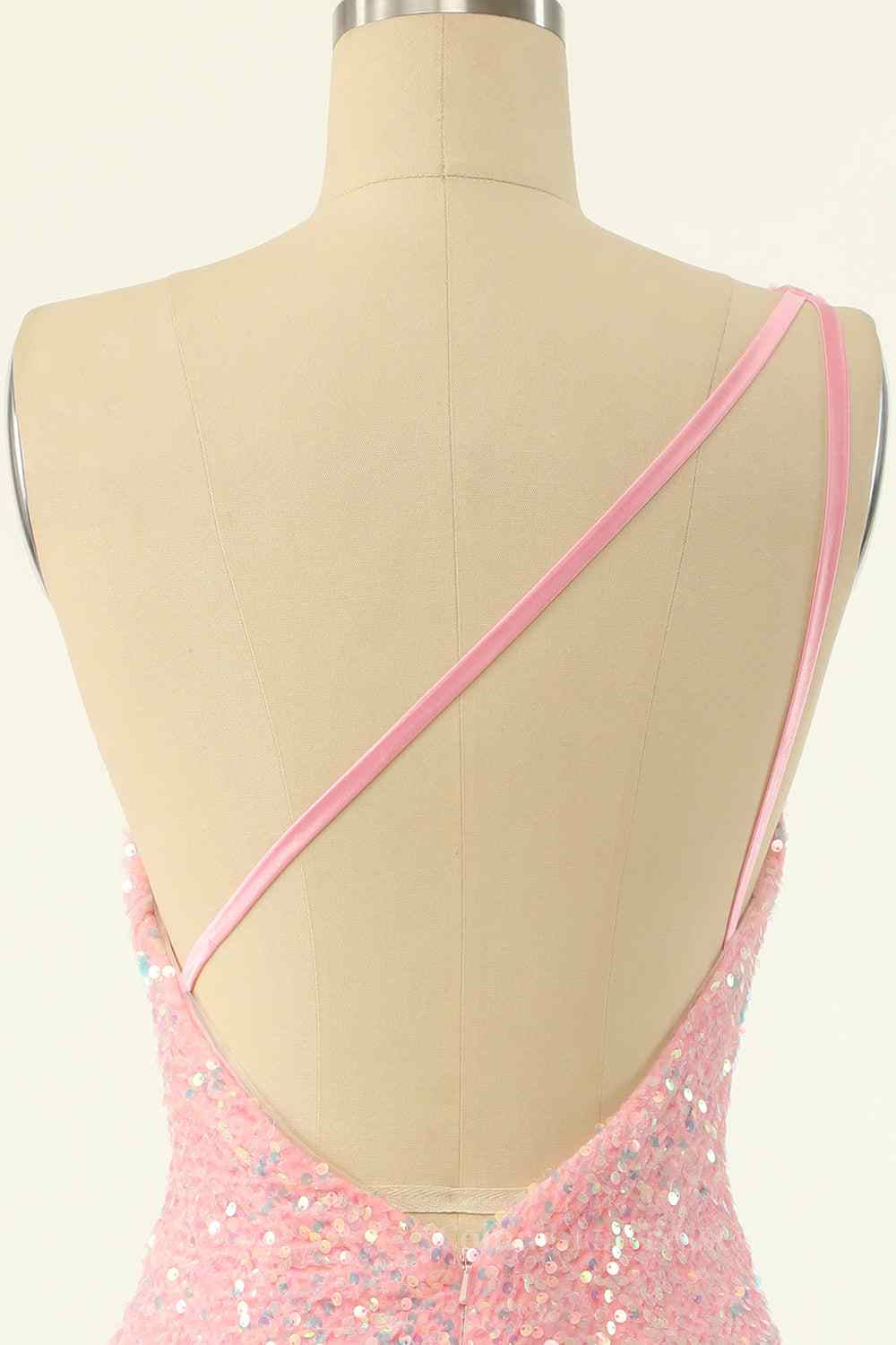 Party Dress Christmas, Pink Sheath One Shoulder Strap Back Sequins Mini Homecoming Dress