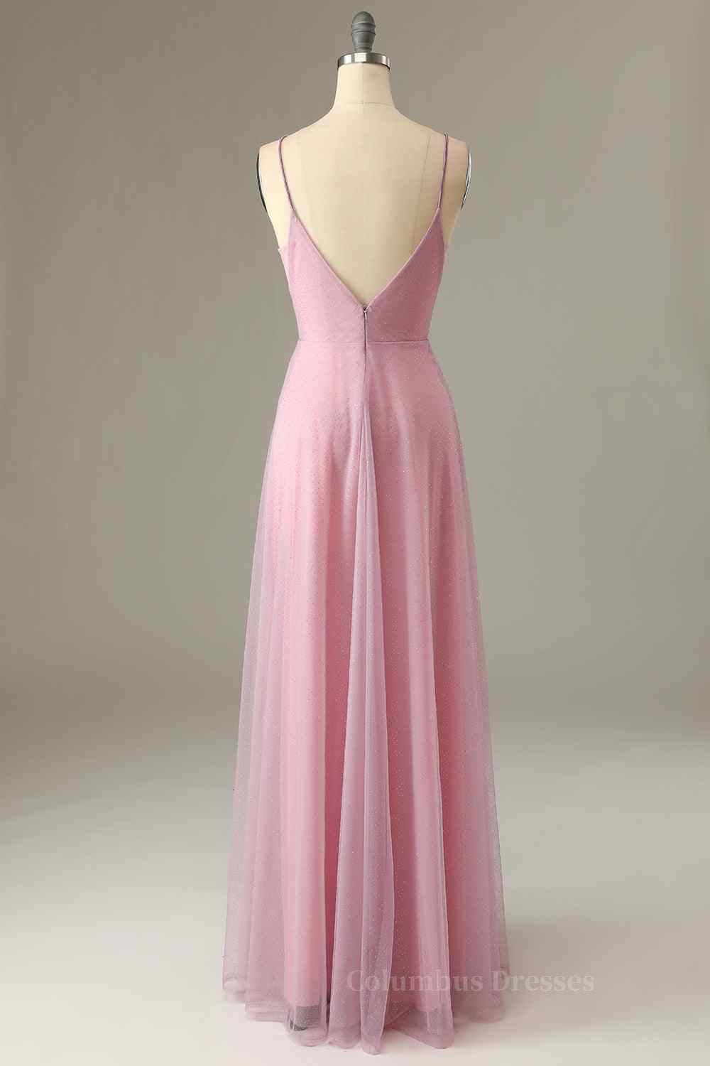 Pink Sparkly A-line V Neck Pleated Long Bridesmaid Dress Secondary image