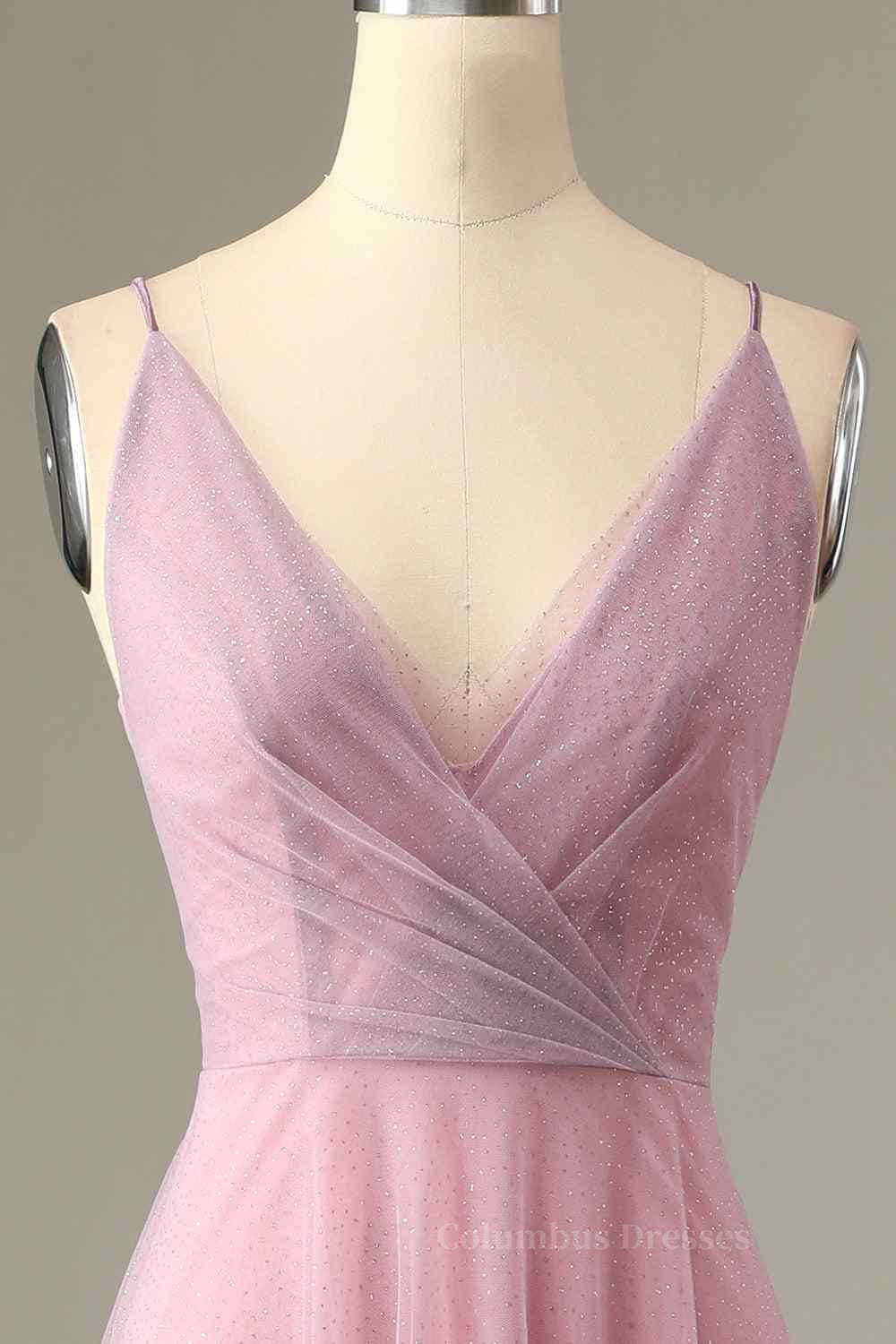 Party Dress Store, Pink Sparkly A-line V Neck Pleated Long Bridesmaid Dress Main image
