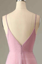 Party Dress On Sale, Pink Sparkly A-line V Neck Pleated Long Bridesmaid Dress