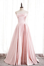 Evening Dress Stores, Pink Strapless Satin Lace-Up Pearl Beaded Maxi Formal Dress with Slit