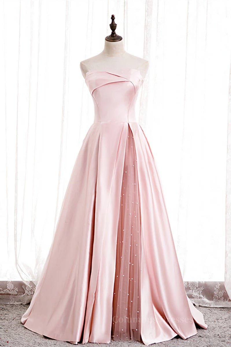 Evening Dress Stores, Pink Strapless Satin Lace-Up Pearl Beaded Maxi Formal Dress with Slit