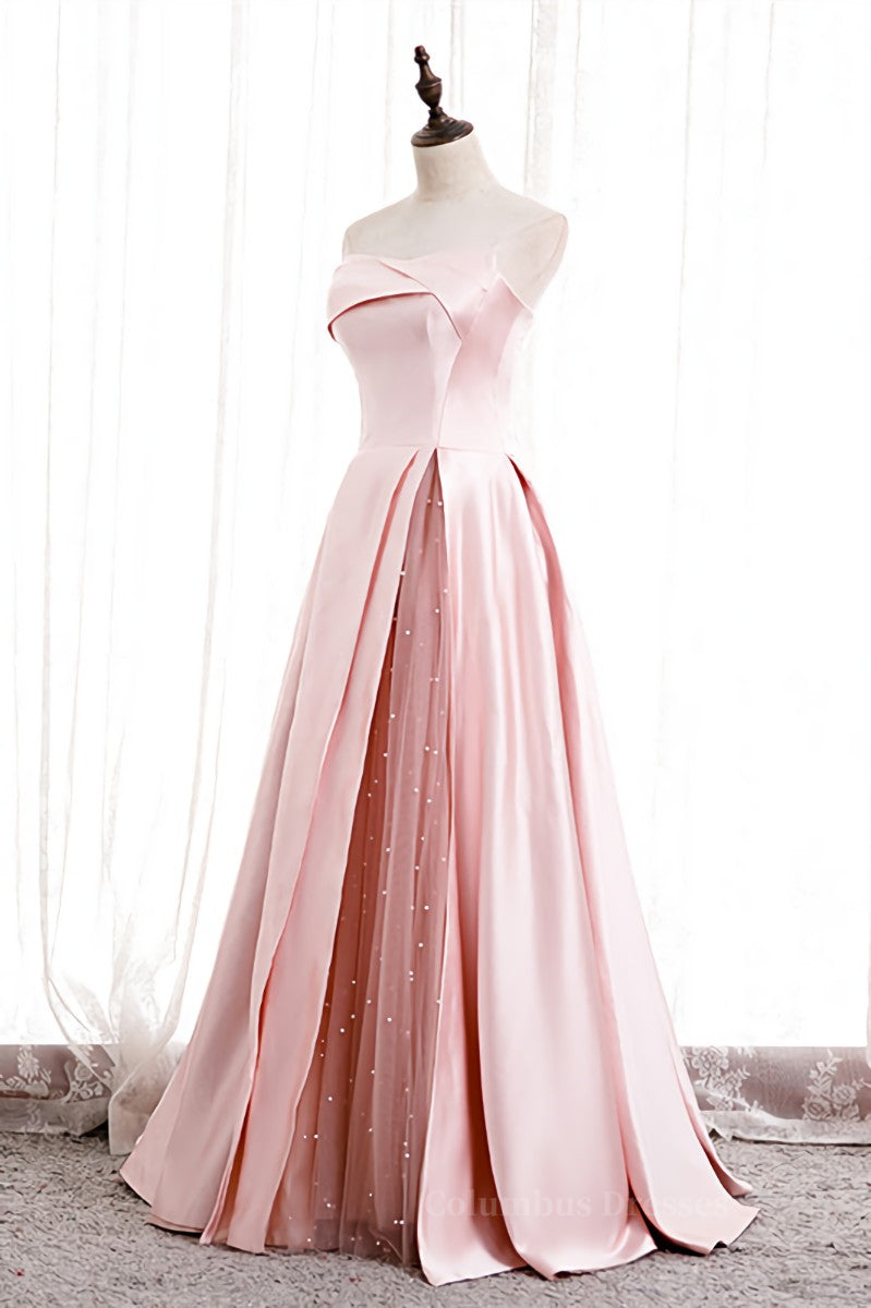 Pink Strapless Satin Lace-Up Pearl Beaded Maxi Formal Dress with Slit Secondary image