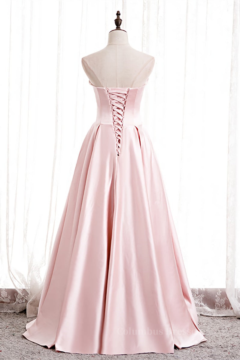 Evening Dress Shops Near Me, Pink Strapless Satin Lace-Up Pearl Beaded Maxi Formal Dress with Slit Main image