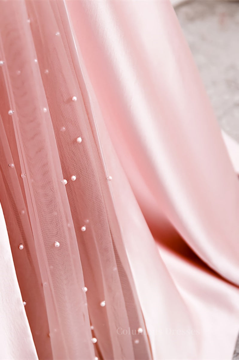 Evening Dress Wedding, Pink Strapless Satin Lace-Up Pearl Beaded Maxi Formal Dress with Slit