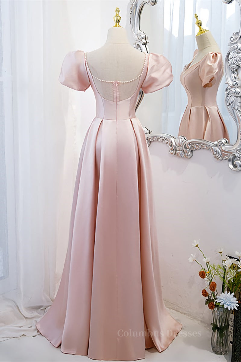 Pink V Neck Puff Sleeves Pearl Beaded 3D Applique Long Formal Dress Secondary image