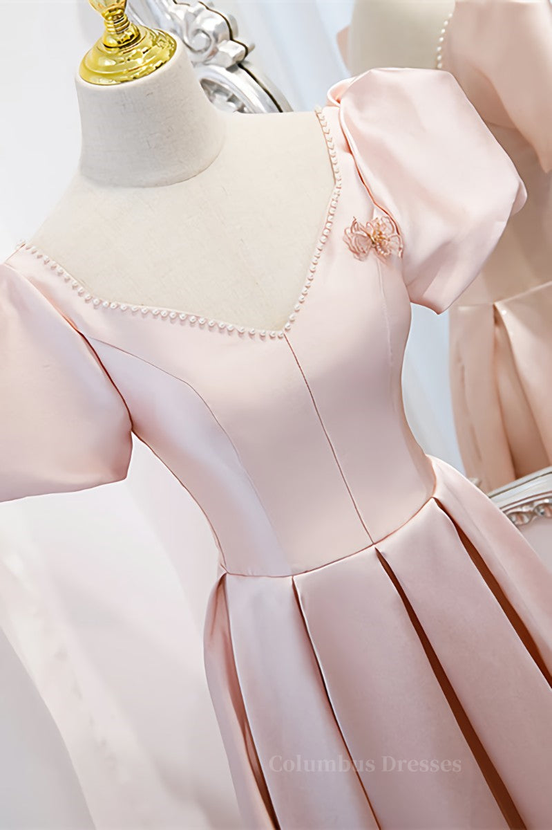 Formal Dress Outfit, Pink V Neck Puff Sleeves Pearl Beaded 3D Applique Long Formal Dress Main image