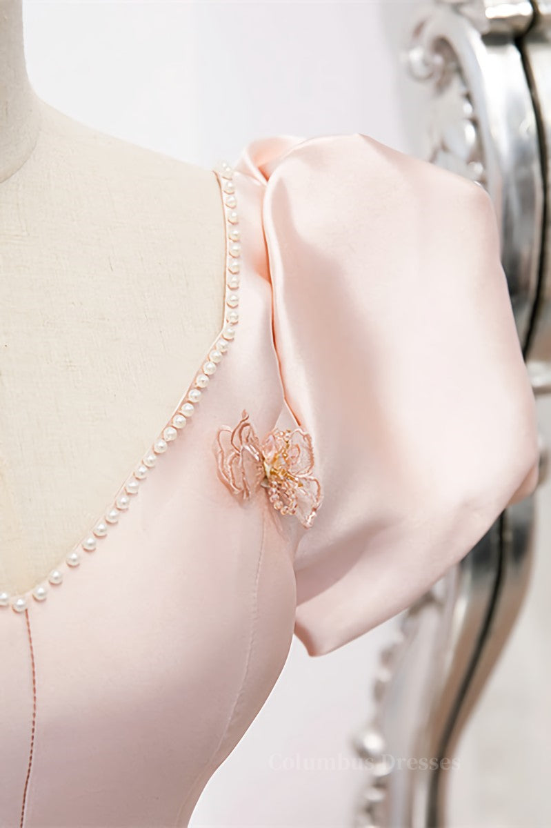 Formal Dress Style, Pink V Neck Puff Sleeves Pearl Beaded 3D Applique Long Formal Dress